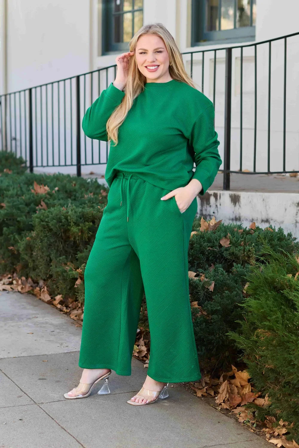 Double Take Full Size Textured Long Sleeve Top and Drawstring Pants Set - Trendibles