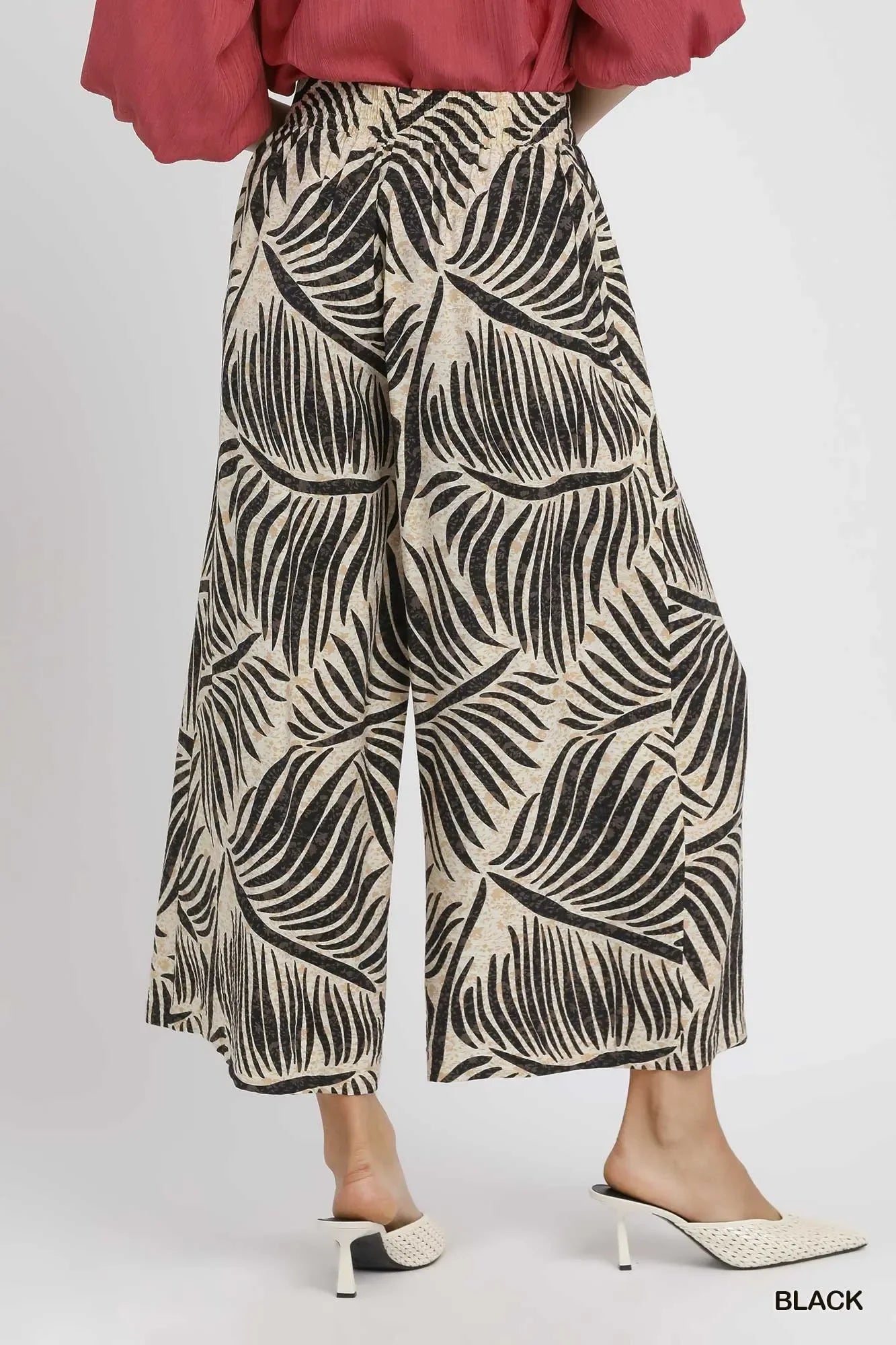 Umgee Palm Leaf Print Wide Leg Culotte Pants - Trendibles