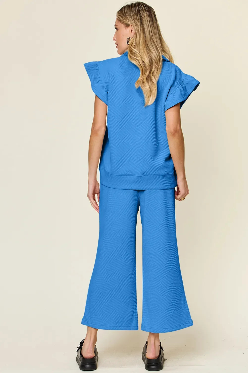 Double Take Texture Ruffle Short Sleeve Top and Drawstring Wide Leg Pants Set - Trendibles