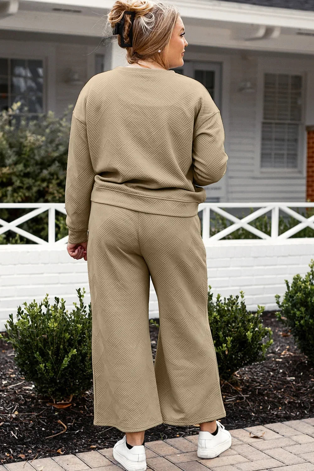 Double Take Full Size Textured Long Sleeve Top and Drawstring Pants Set - Trendibles