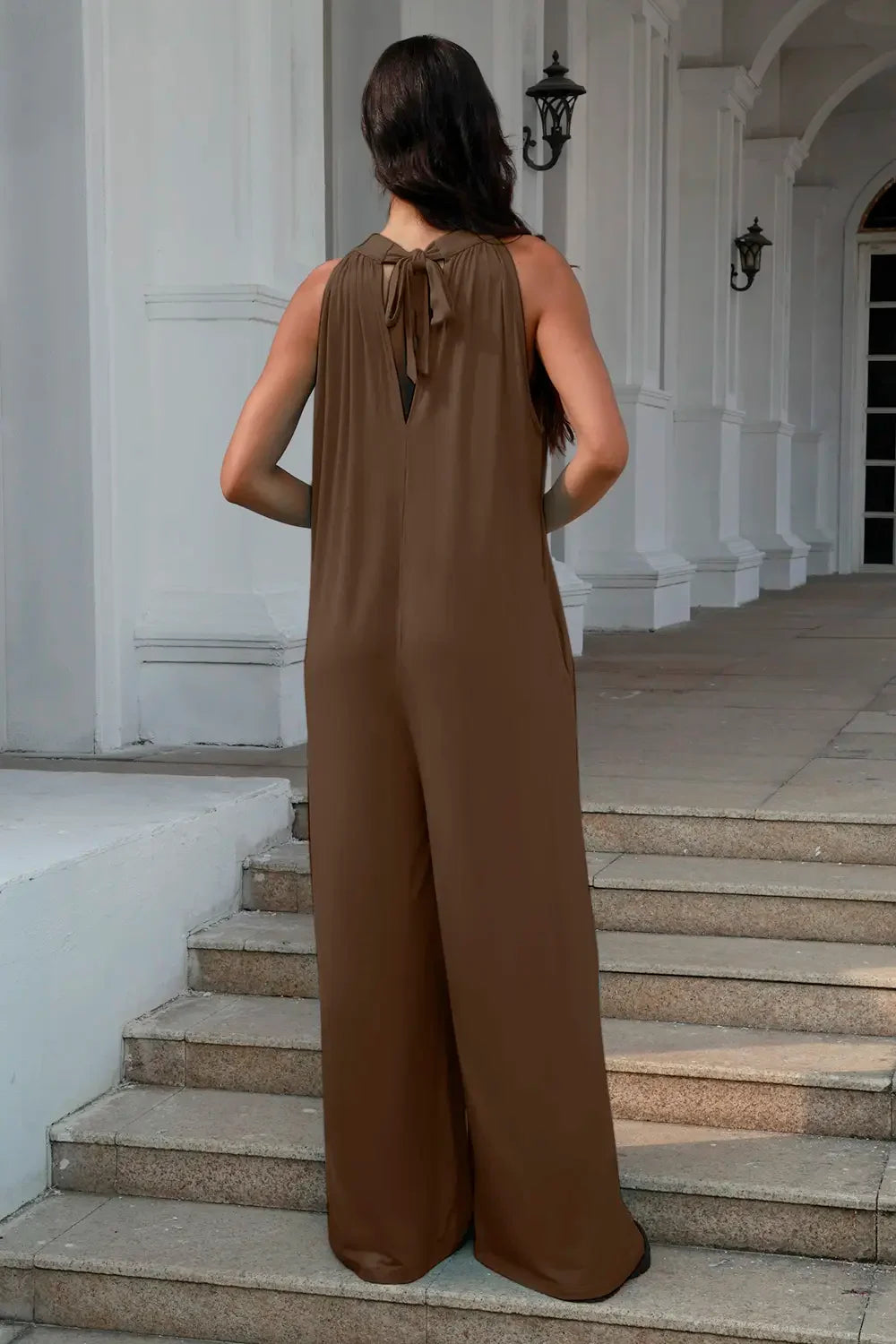 Double Take Full Size Tie Back Cutout Sleeveless Jumpsuit - Trendibles