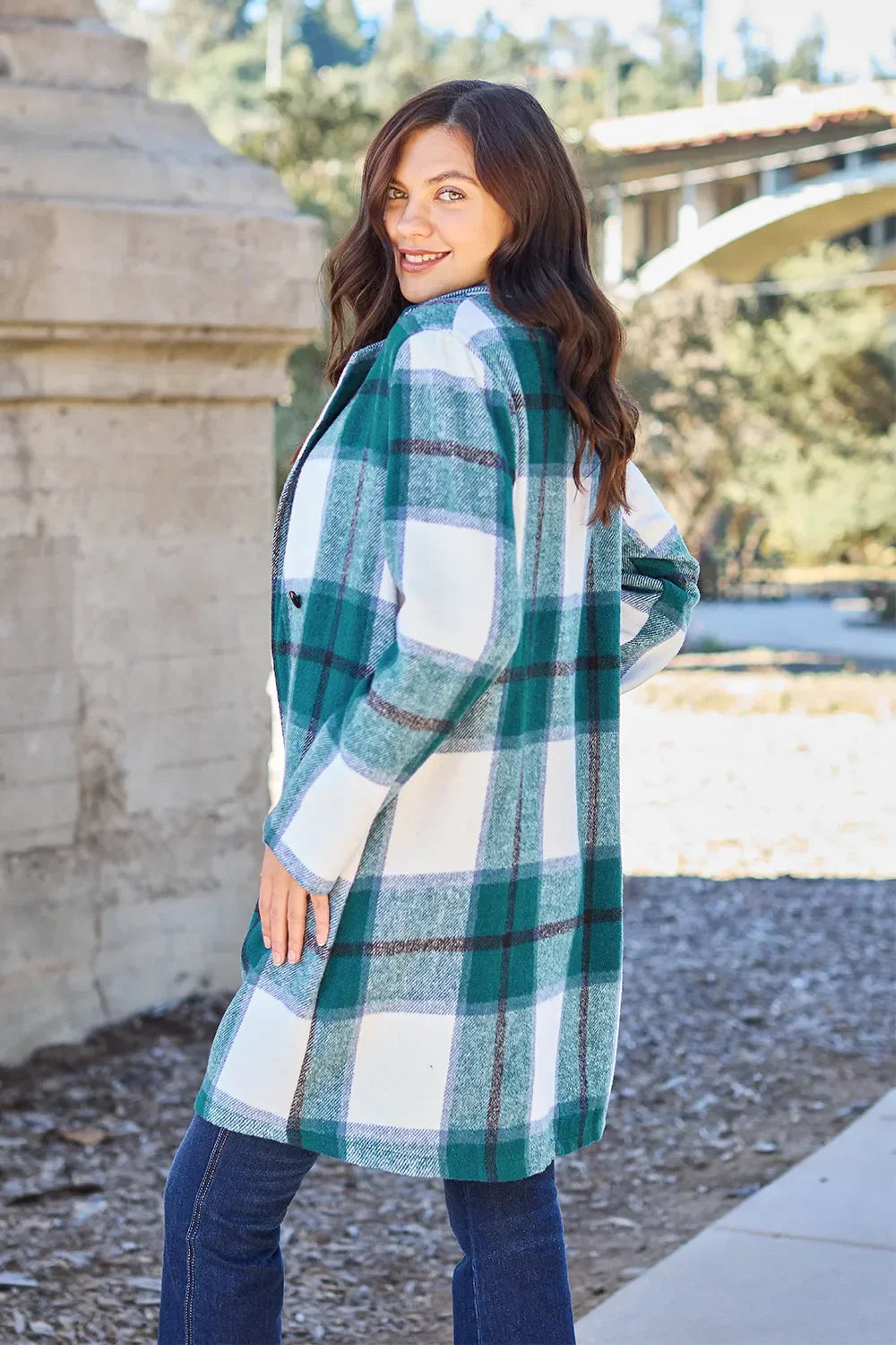 Double Take Full Size Plaid Button Up Lapel Collar Coat - Trendibles