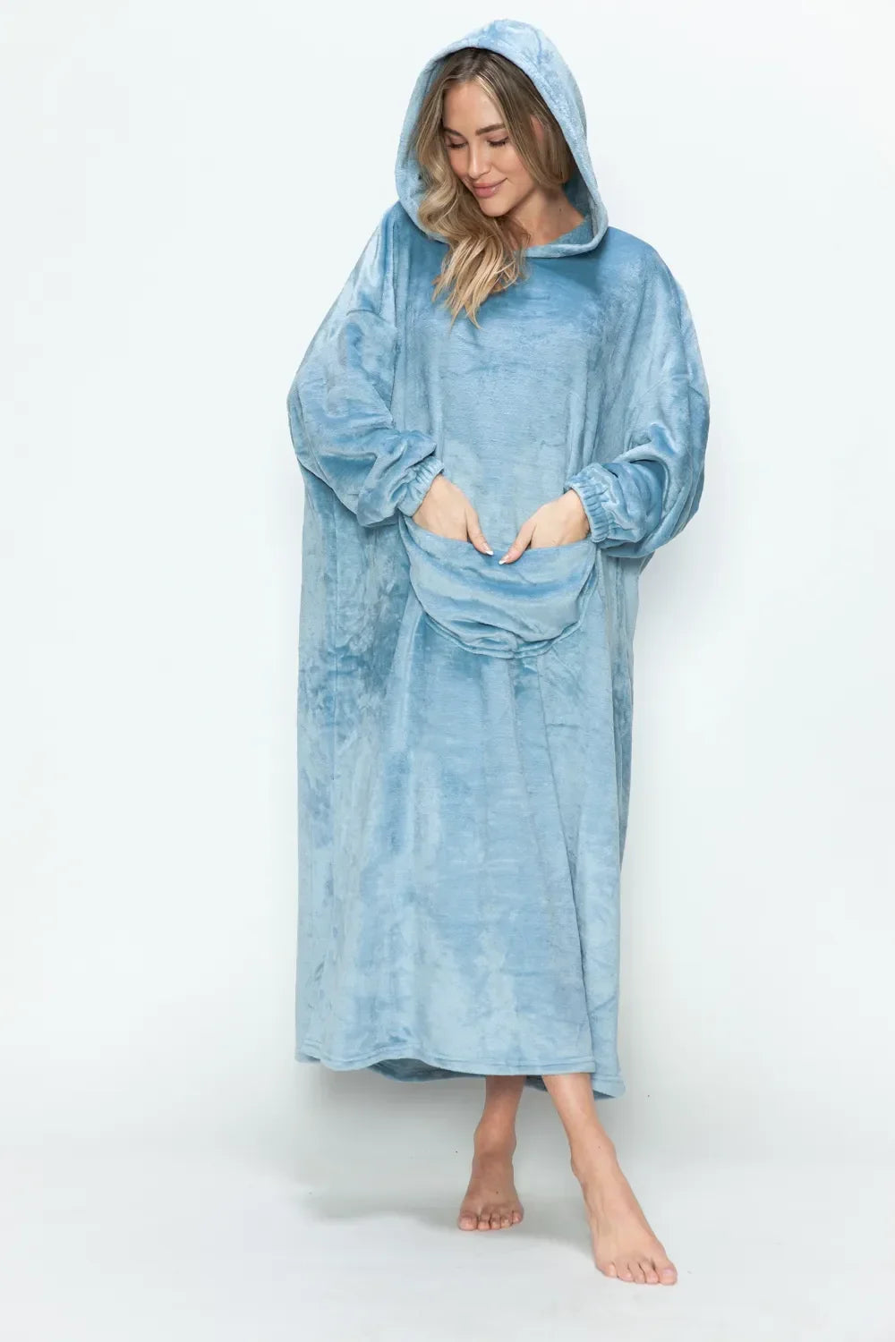 Double Take Full Size Pocketed Hooded Midi Lounge Dress - Trendibles