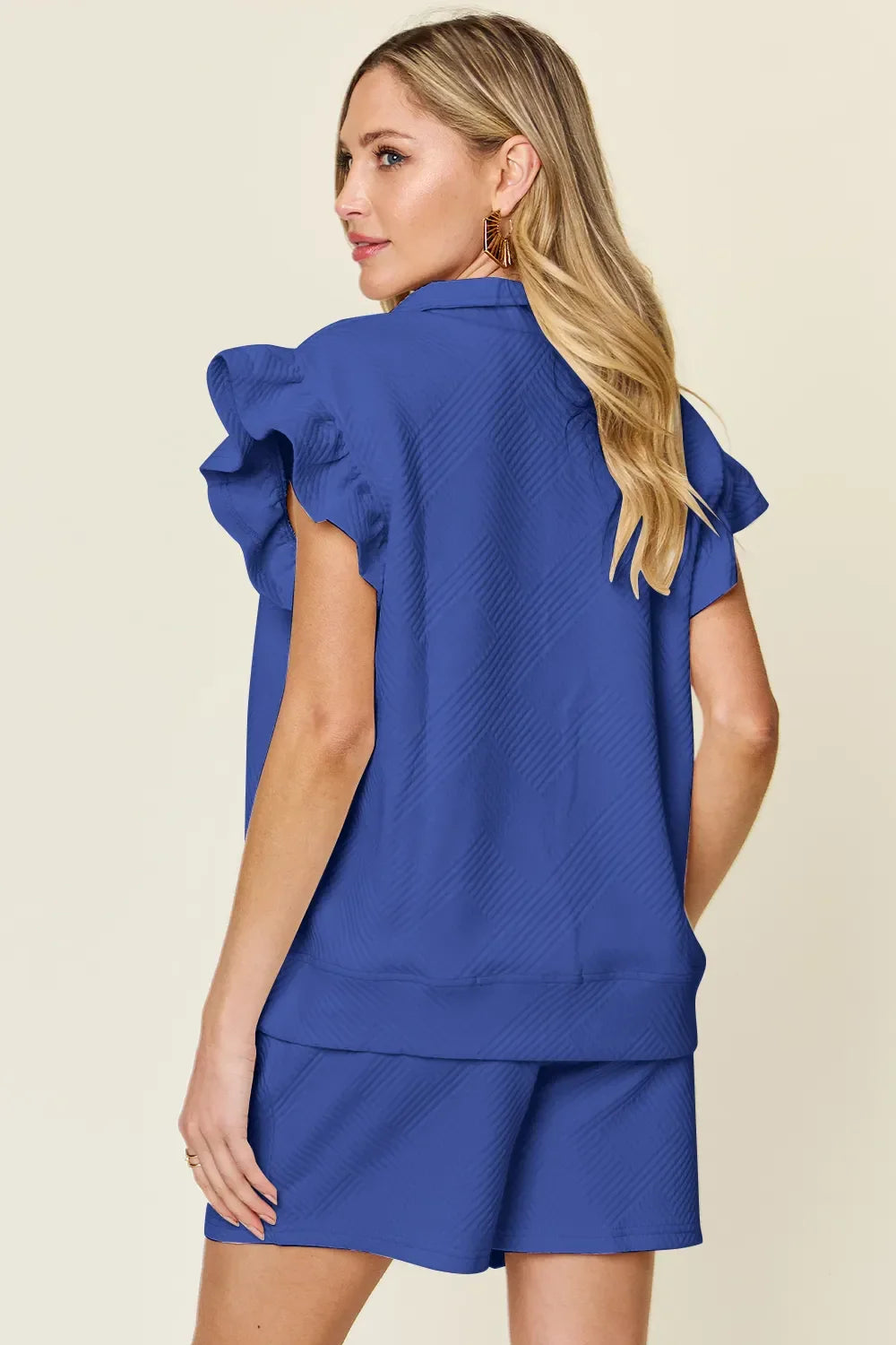 Double Take Full Size Texture Flounce Sleeve Top and Drawstring Shorts Set - Trendibles
