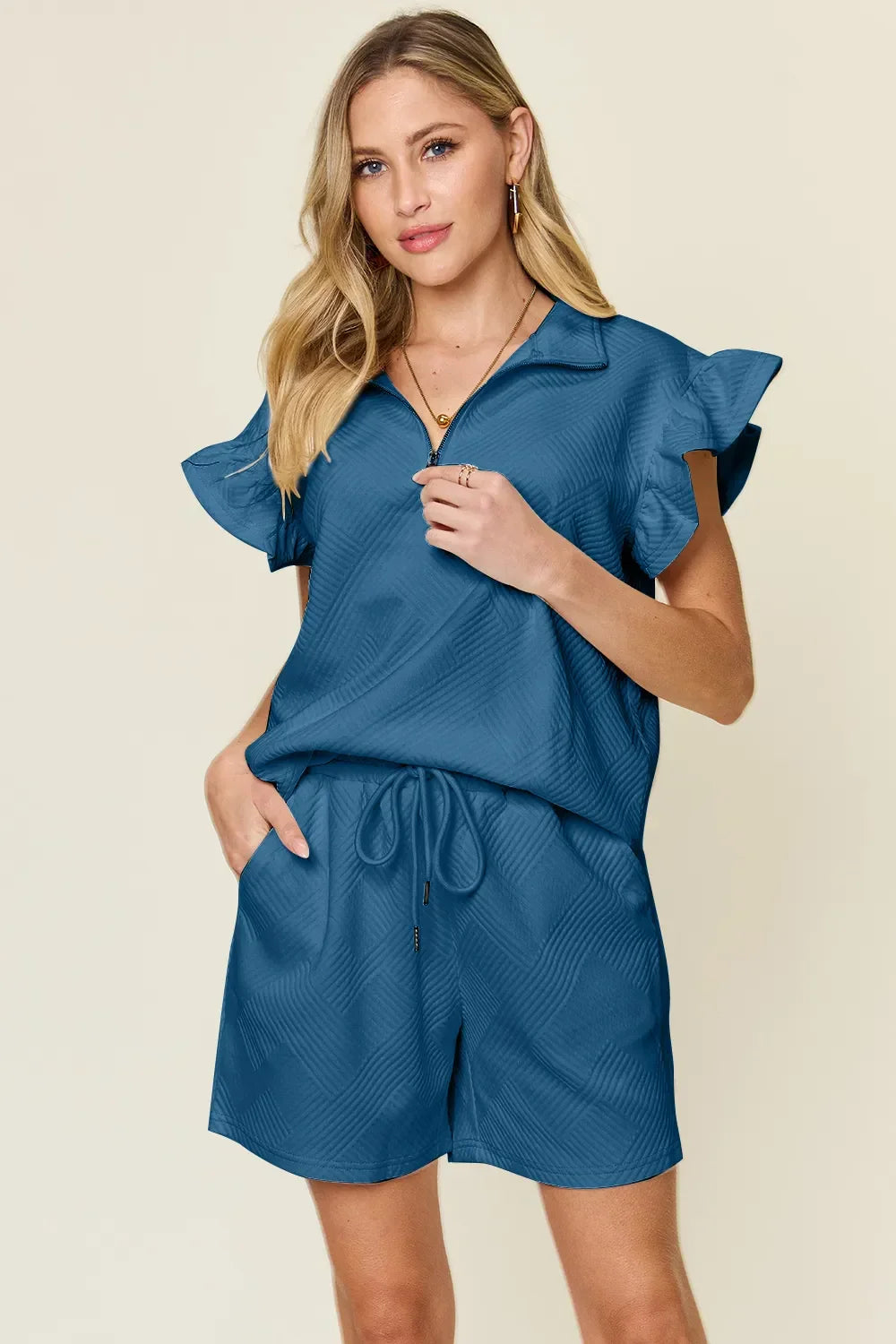 Double Take Full Size Texture Flounce Sleeve Top and Drawstring Shorts Set - Trendibles