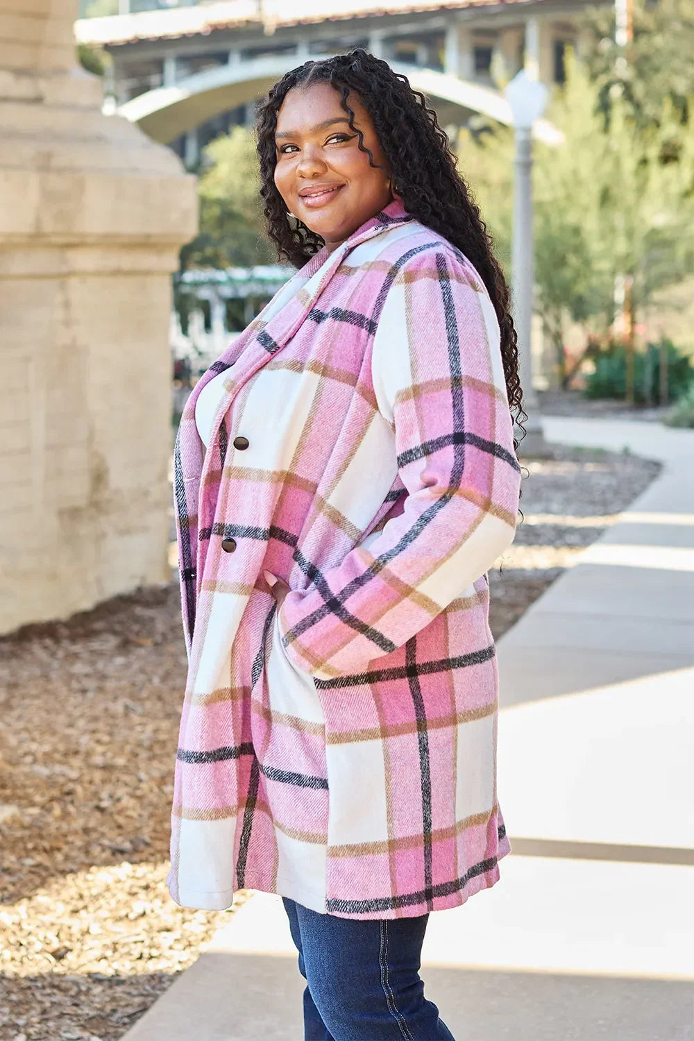 Double Take Full Size Plaid Button Up Lapel Collar Coat - Trendibles