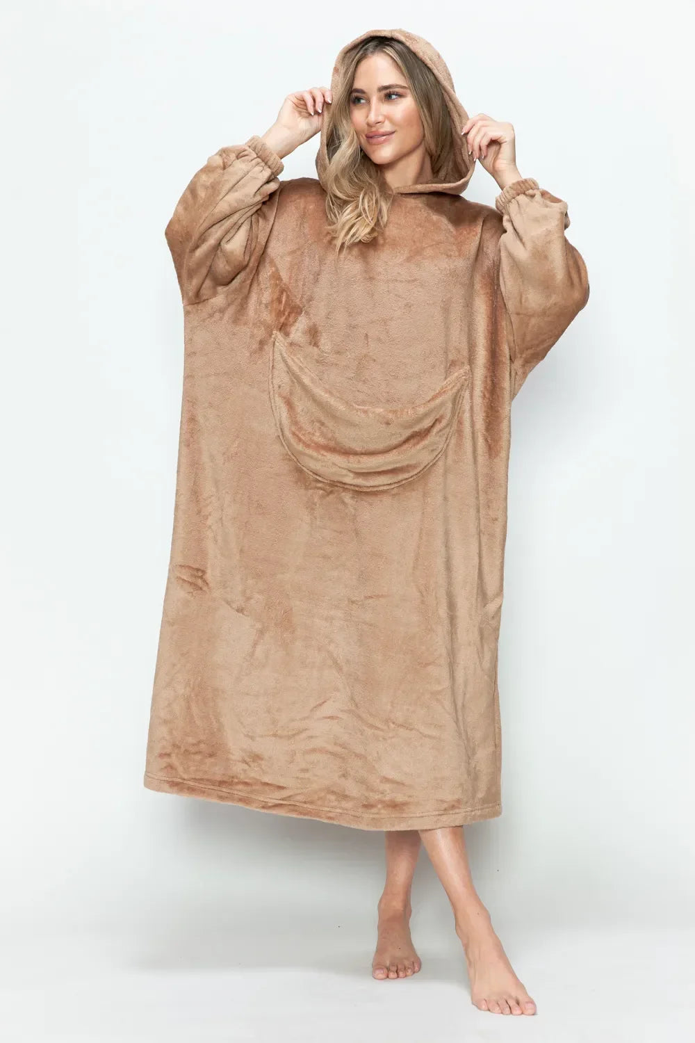 Double Take Full Size Pocketed Hooded Midi Lounge Dress - Trendibles