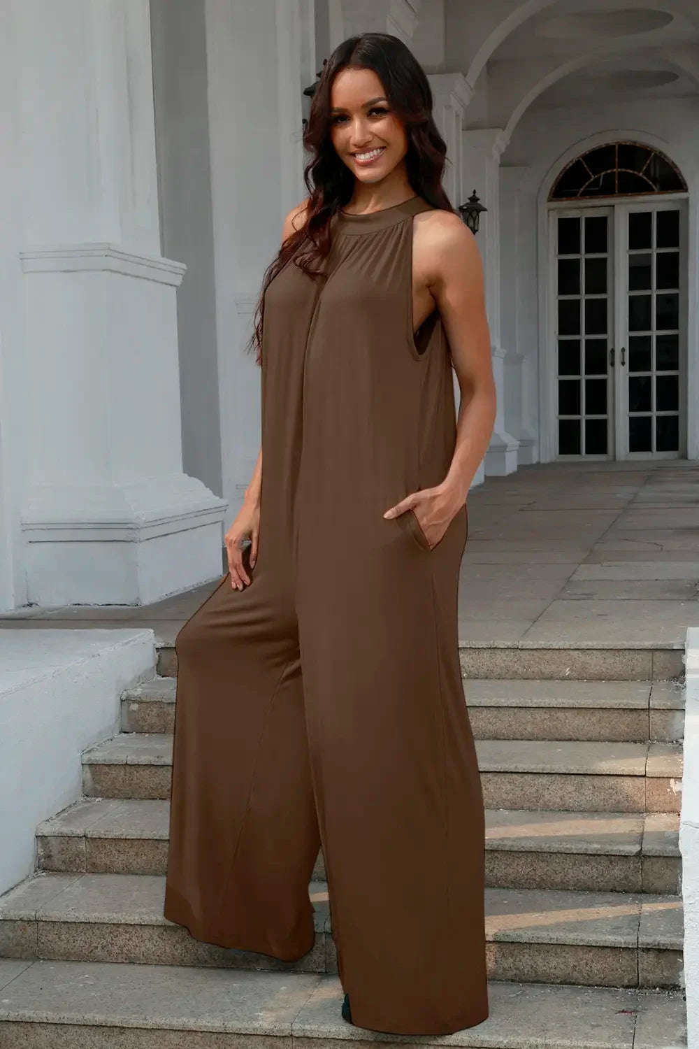 Double Take Full Size Tie Back Cutout Sleeveless Jumpsuit - Trendibles
