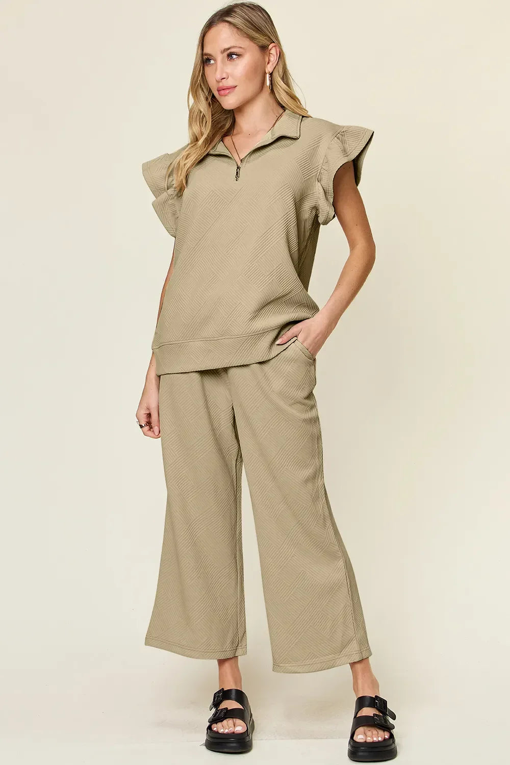Double Take Texture Ruffle Short Sleeve Top and Drawstring Wide Leg Pants Set - Trendibles