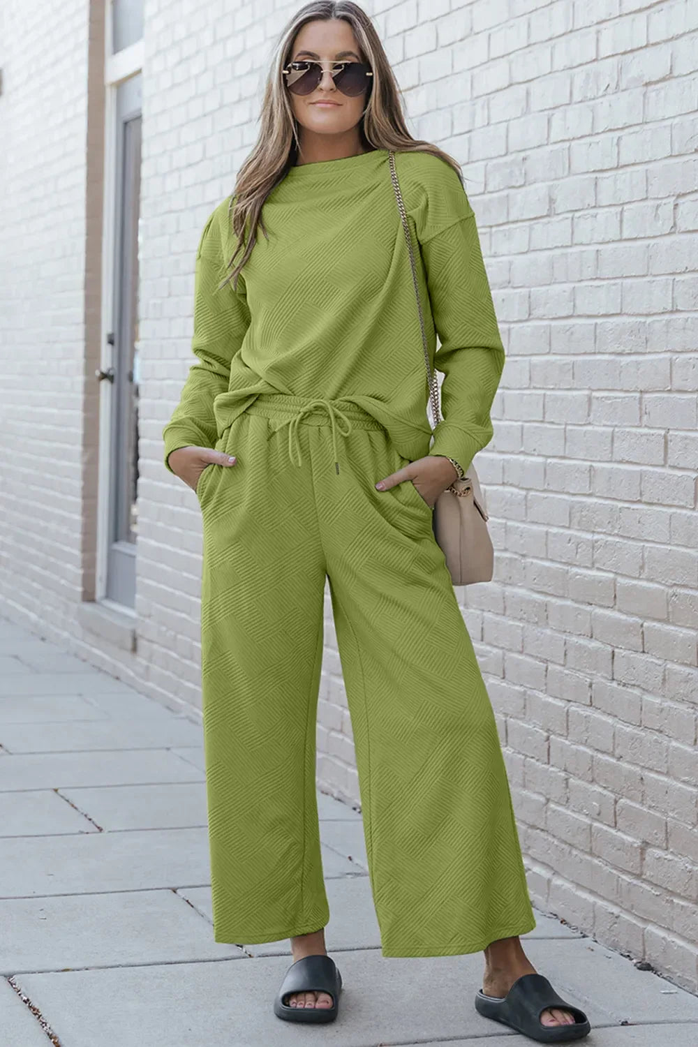 Double Take Full Size Textured Long Sleeve Top and Drawstring Pants Set - Trendibles