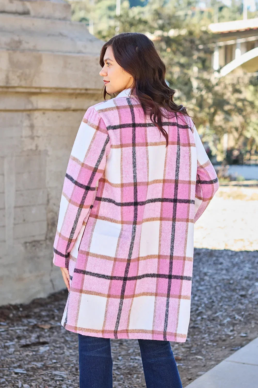 Double Take Full Size Plaid Button Up Lapel Collar Coat - Trendibles