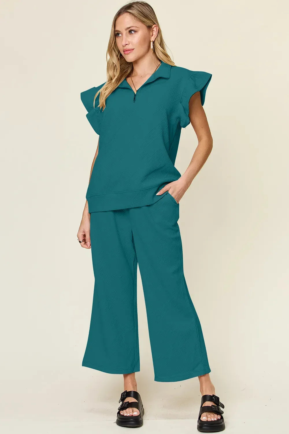 Double Take Texture Ruffle Short Sleeve Top and Drawstring Wide Leg Pants Set - Trendibles