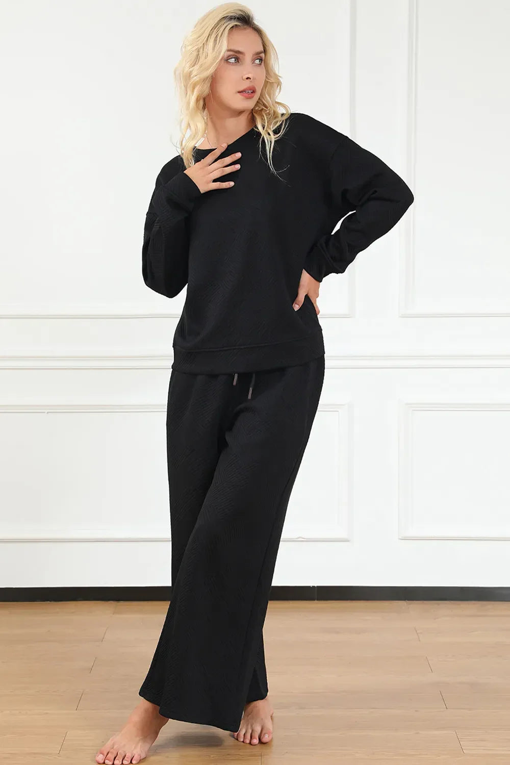 Double Take Full Size Textured Long Sleeve Top and Drawstring Pants Set - Trendibles