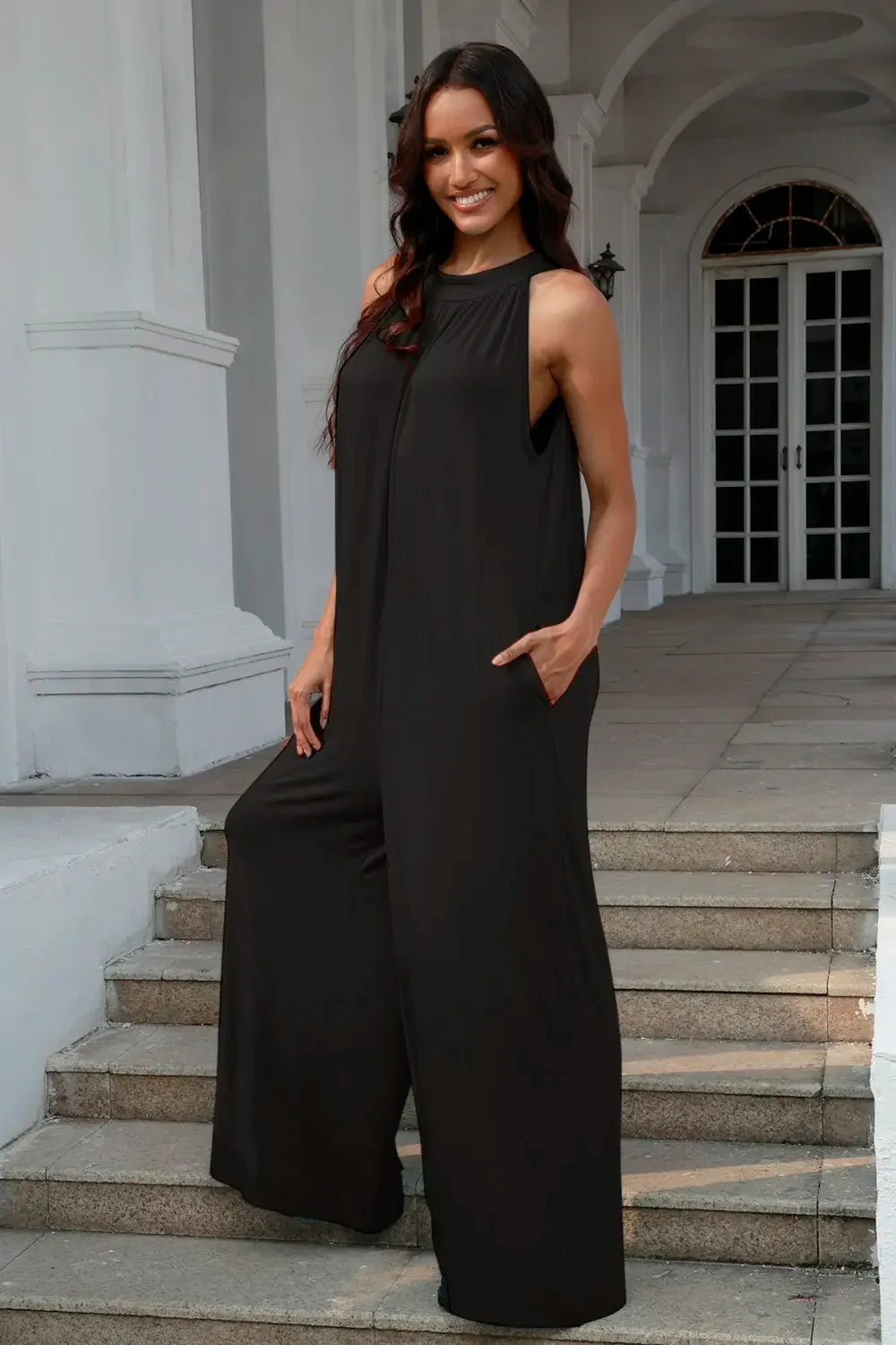 Double Take Full Size Tie Back Cutout Sleeveless Jumpsuit - Trendibles