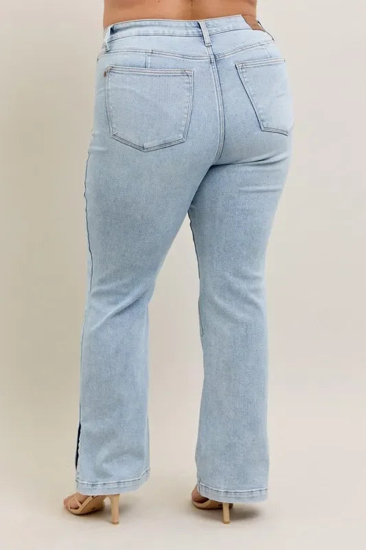 Judy Blue Full Size Tummy Control Vintage Wash Side Slit Slim Boot Jeans Plus Size - Trendibles