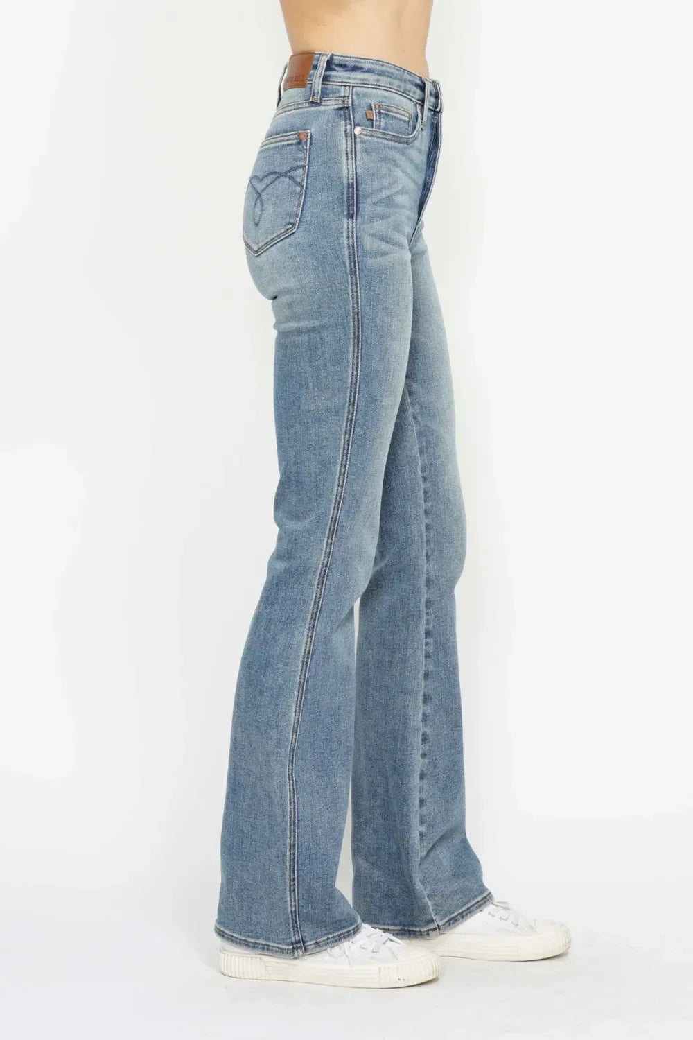 Judy Blue Full Size Tummy Control Back Embroidered Pocketed Bootcut Jeans Plus Size - Trendibles