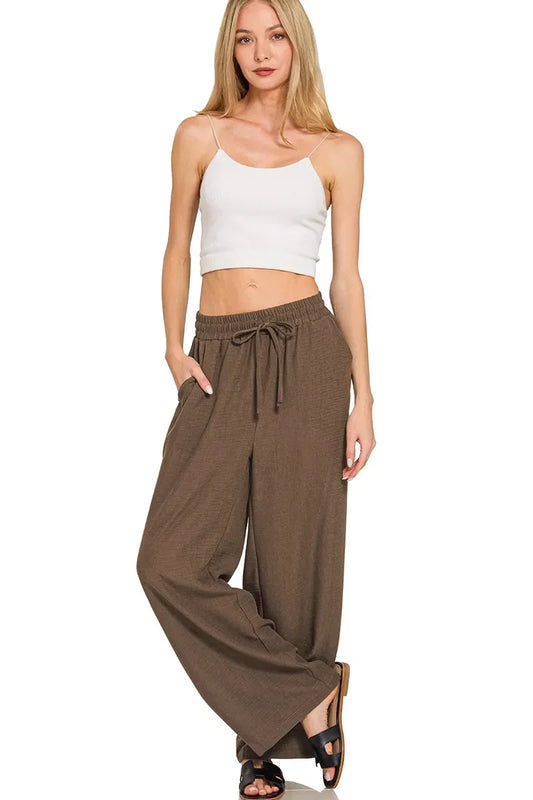 Zenana Woven Crepe Elastic Band Pants - Trendibles