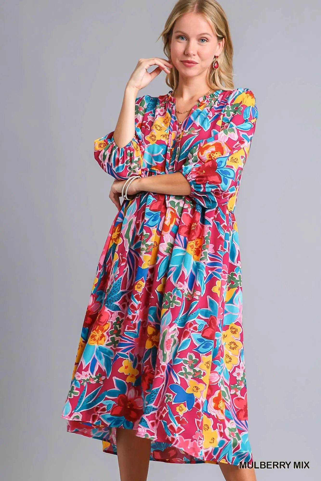 Umgee Full Size Floral Print Tie Neck Midi Dress with Pockets Plus Size - Trendibles