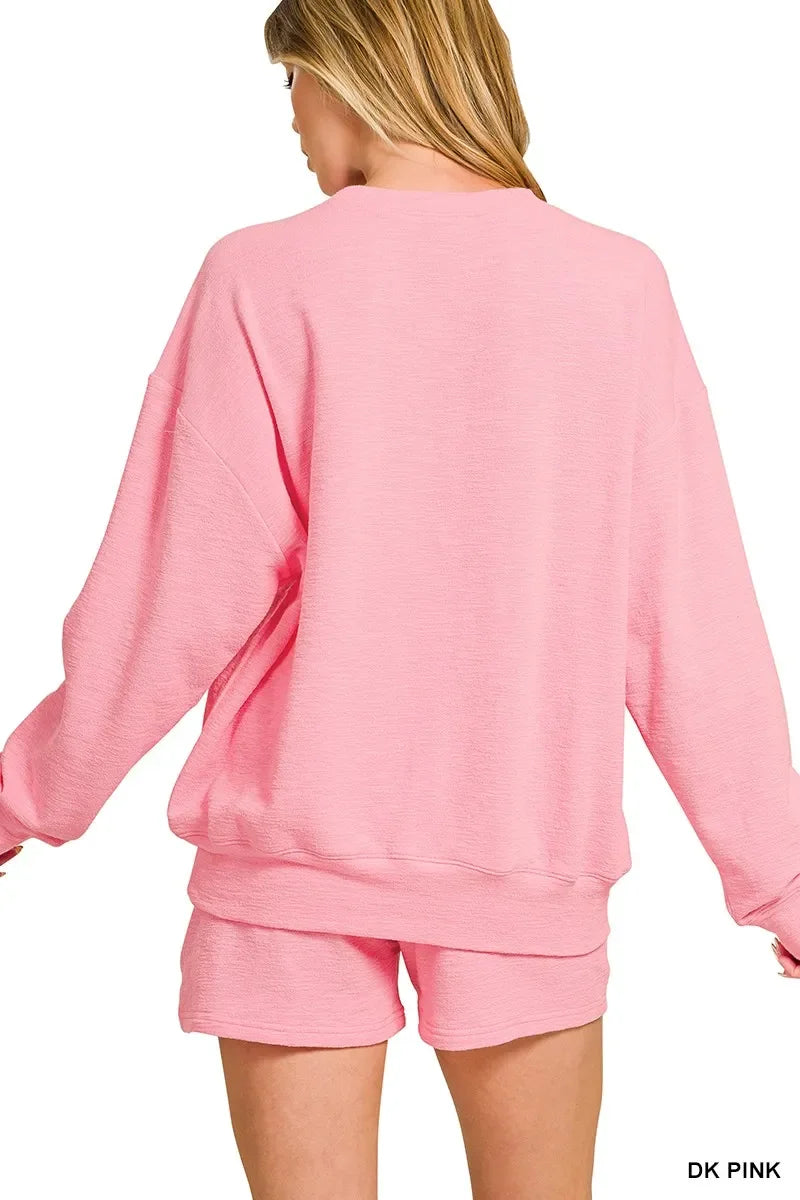 Zenana Slub Long Sleeve Top and Shorts Set - Trendibles