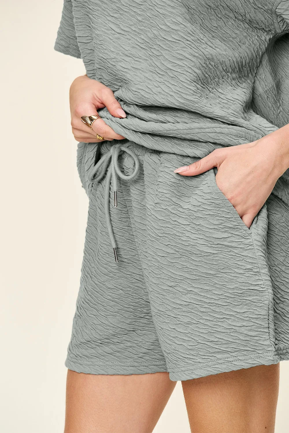 Double Take Full Size Texture Short Sleeve T-Shirt and Drawstring Shorts Set - Trendibles