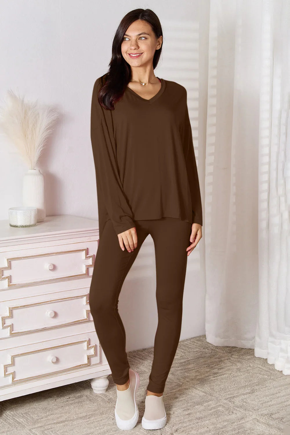 Basic Bae Full Size V-Neck Soft Rayon Long Sleeve Top and Pants Lounge Set - Trendibles