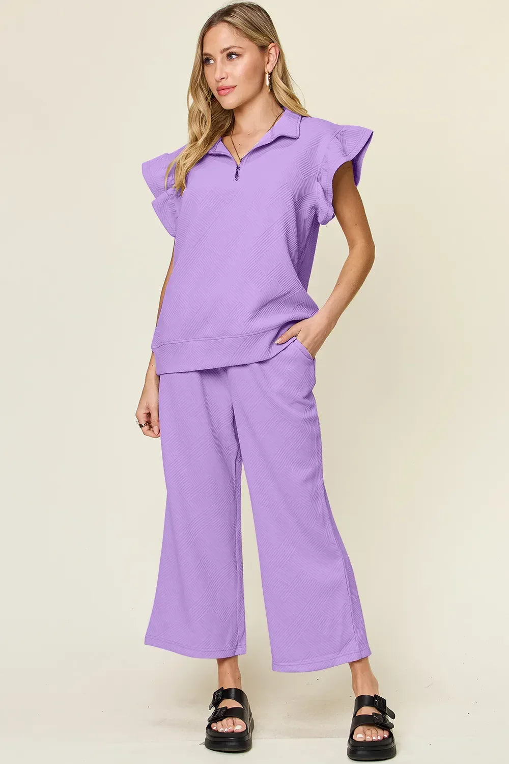 Double Take Texture Ruffle Short Sleeve Top and Drawstring Wide Leg Pants Set - Trendibles
