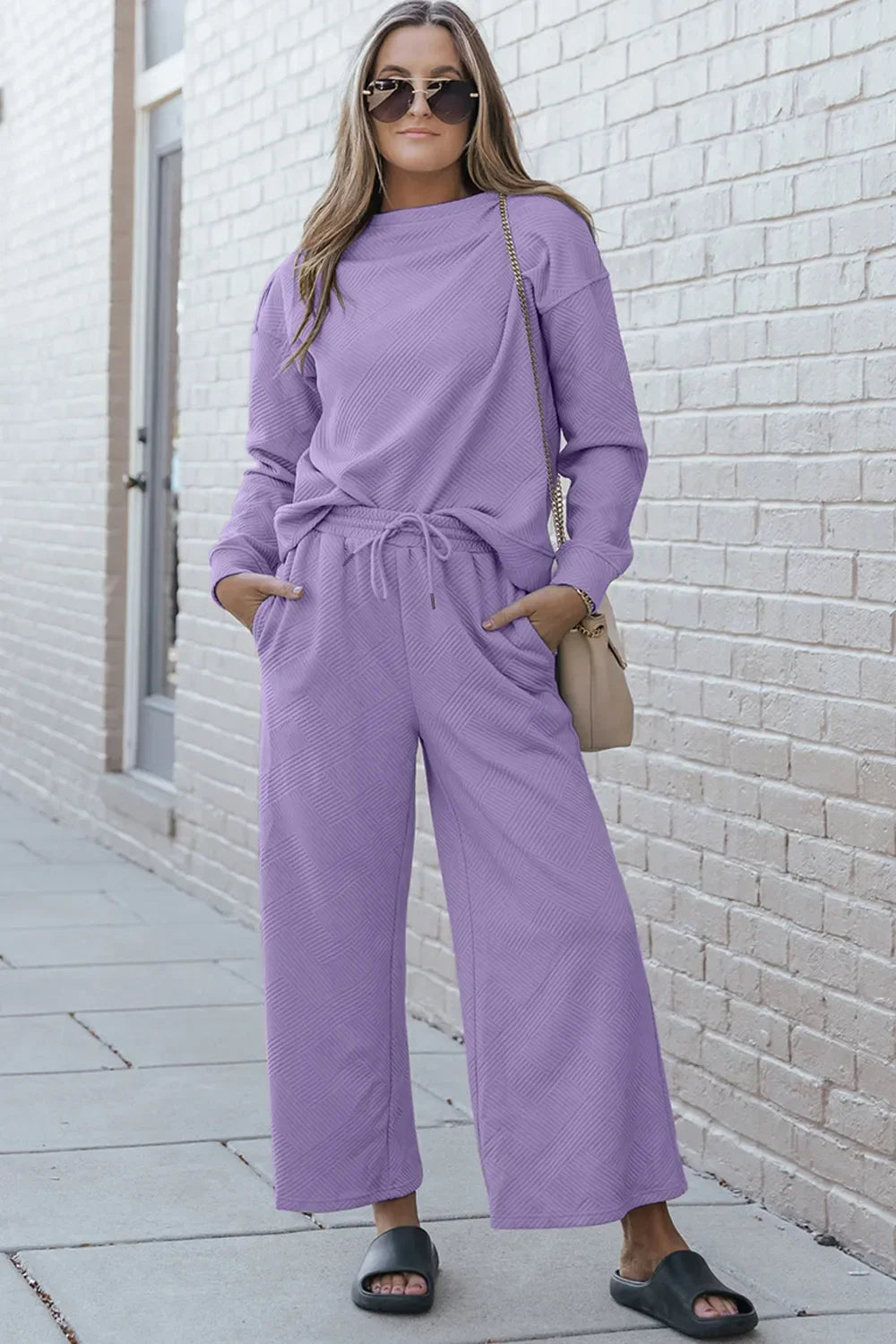 Double Take Full Size Textured Long Sleeve Top and Drawstring Pants Set - Trendibles