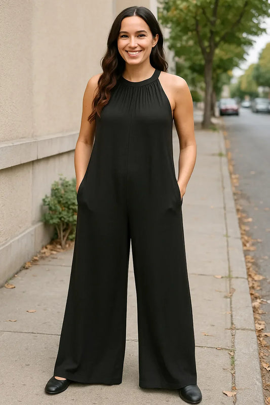 Double Take Full Size Tie Back Cutout Sleeveless Jumpsuit - Trendibles