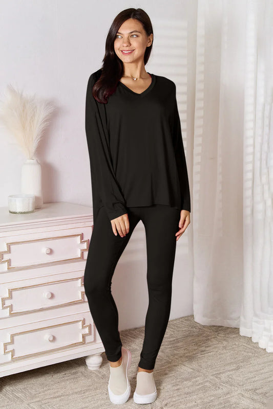 Basic Bae Full Size V-Neck Soft Rayon Long Sleeve Top and Pants Lounge Set - Trendibles