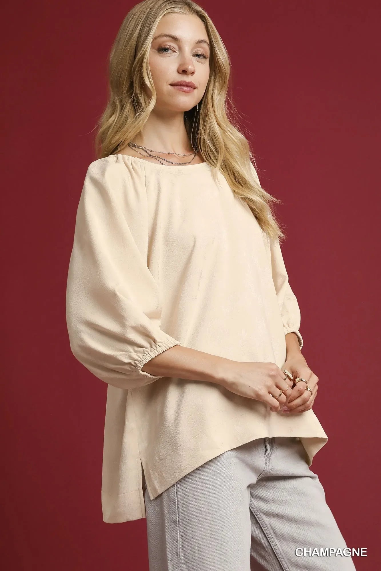 Umgee Side Slit 3/4 Sleeve Blouse - Trendibles