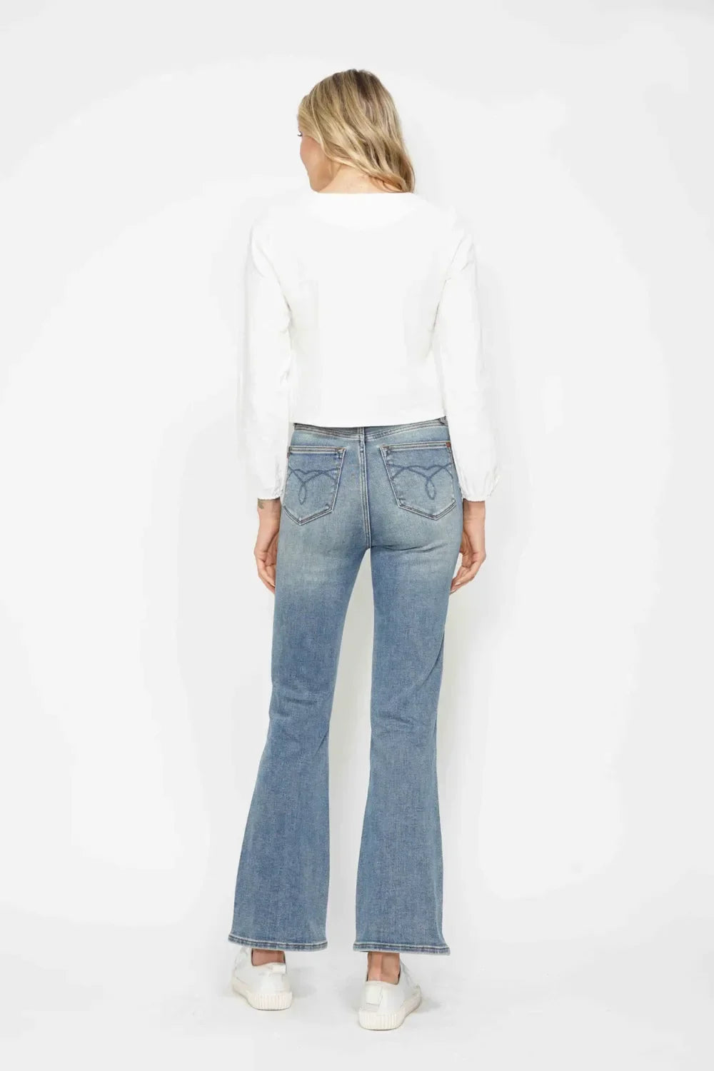 Judy Blue Full Size Tummy Control Back Embroidered Pocketed Bootcut Jeans Plus Size - Trendibles