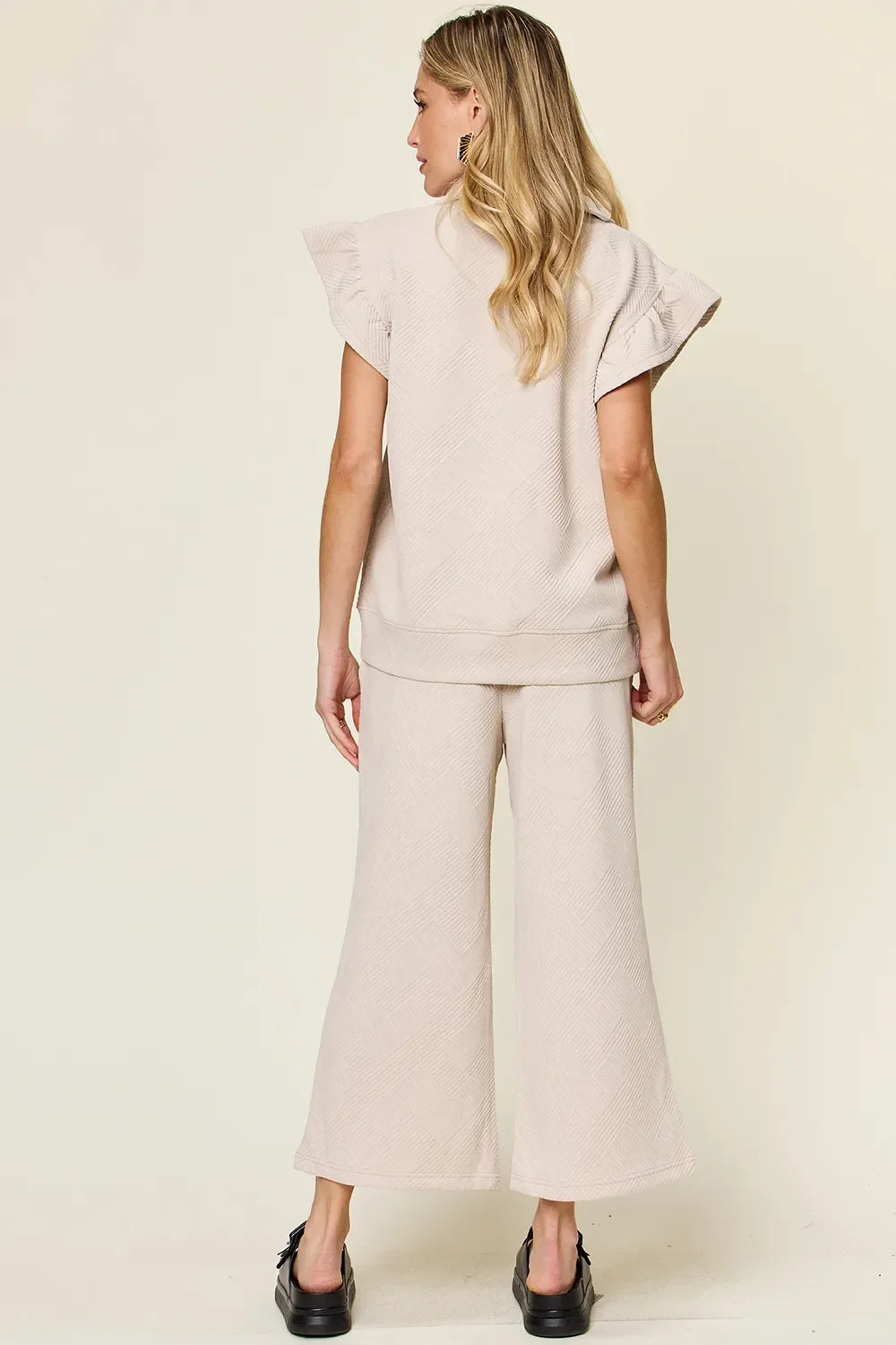 Double Take Texture Ruffle Short Sleeve Top and Drawstring Wide Leg Pants Set - Trendibles