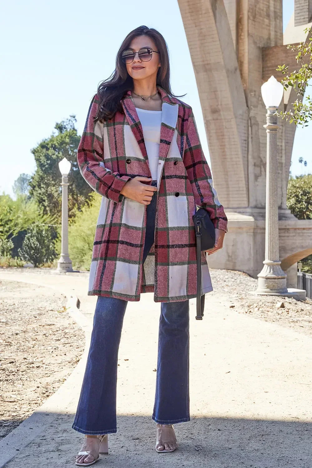 Double Take Full Size Plaid Button Up Lapel Collar Coat - Trendibles