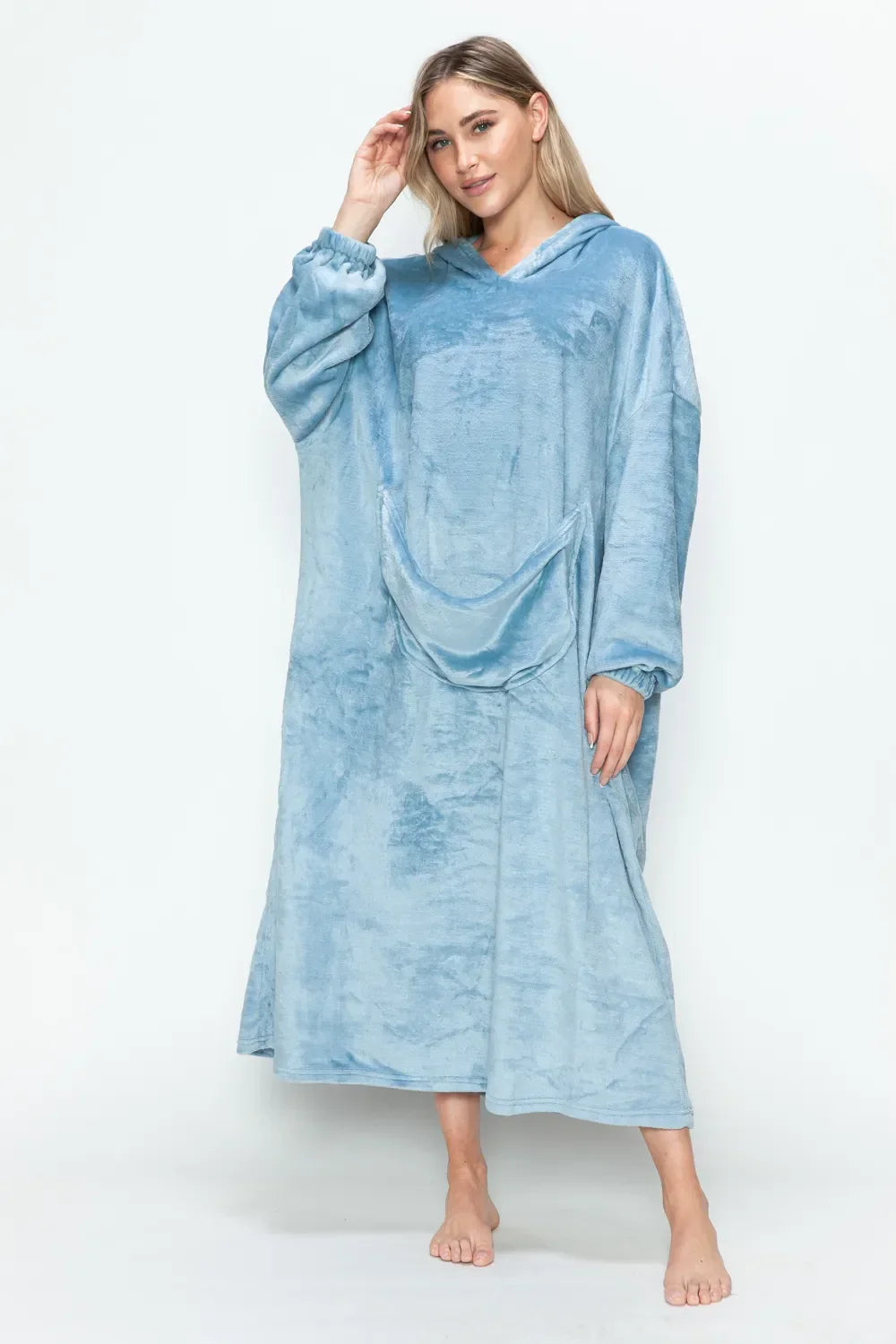 Double Take Full Size Pocketed Hooded Midi Lounge Dress - Trendibles