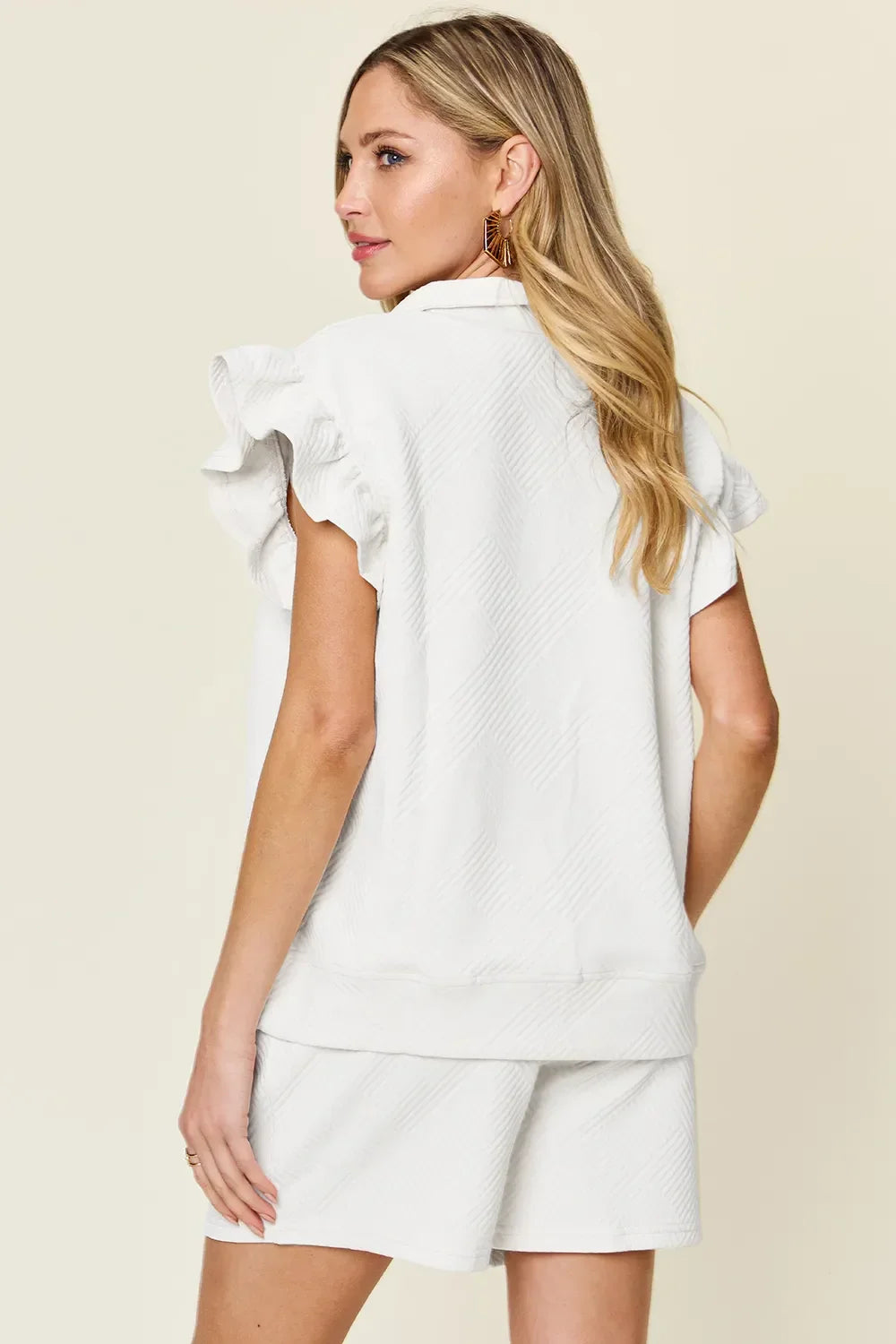 Double Take Full Size Texture Flounce Sleeve Top and Drawstring Shorts Set - Trendibles