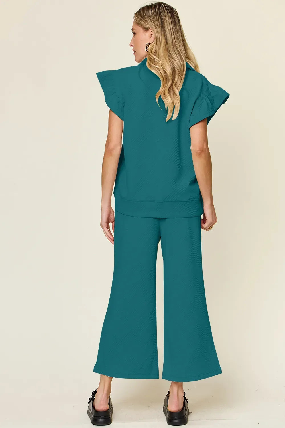 Double Take Texture Ruffle Short Sleeve Top and Drawstring Wide Leg Pants Set - Trendibles