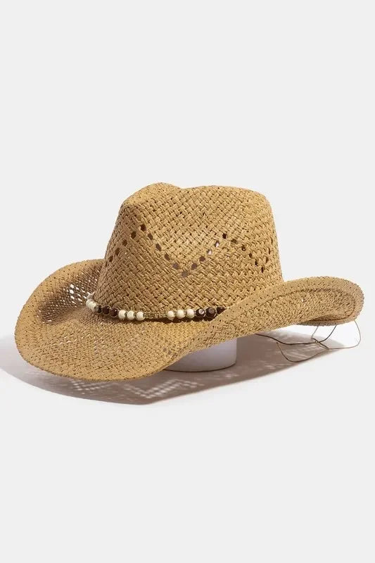 Fame Mixed Beaded Strap Western Fedora Straw Hat - Trendibles