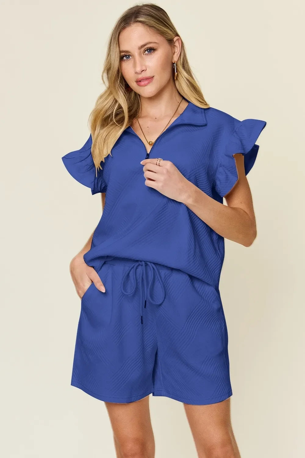 Double Take Full Size Texture Flounce Sleeve Top and Drawstring Shorts Set - Trendibles