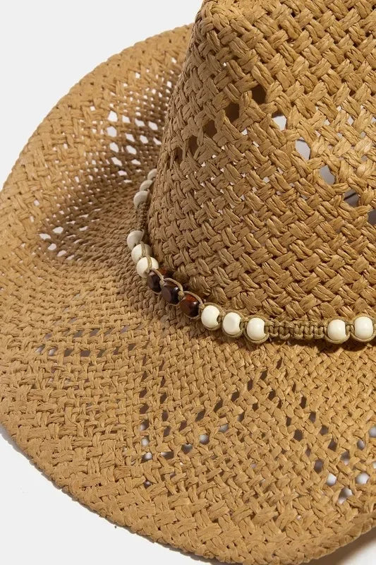 Fame Mixed Beaded Strap Western Fedora Straw Hat - Trendibles