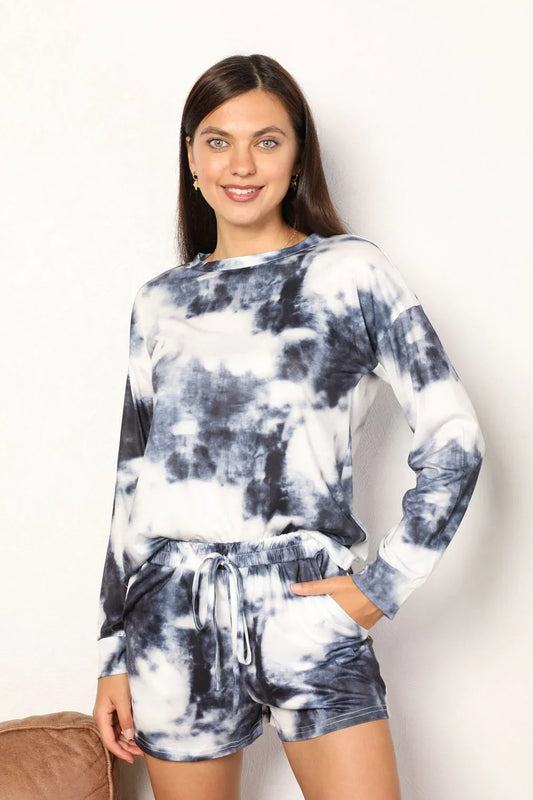 Shiny Tie-Dye Round Neck Top and Shorts Lounge Set - Trendibles