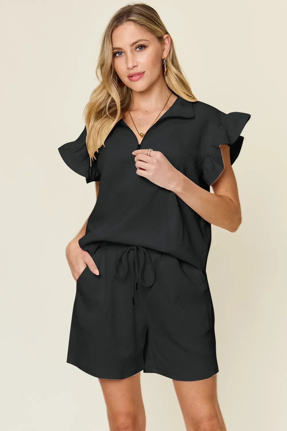 Double Take Full Size Texture Flounce Sleeve Top and Drawstring Shorts Set - Trendibles