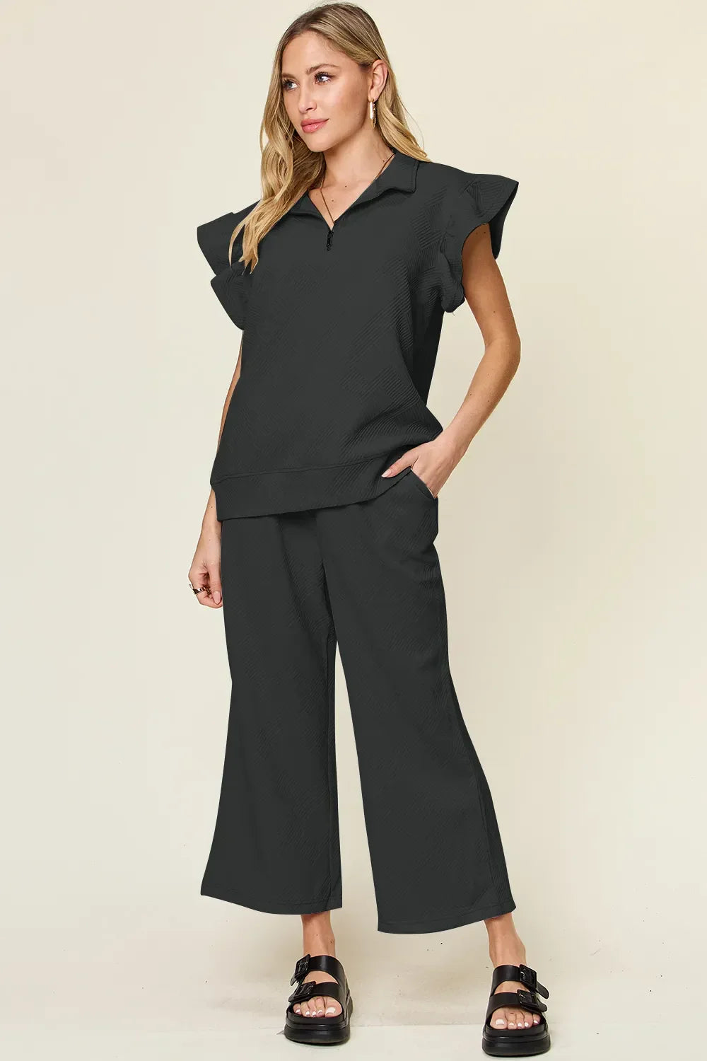 Double Take Texture Ruffle Short Sleeve Top and Drawstring Wide Leg Pants Set - Trendibles