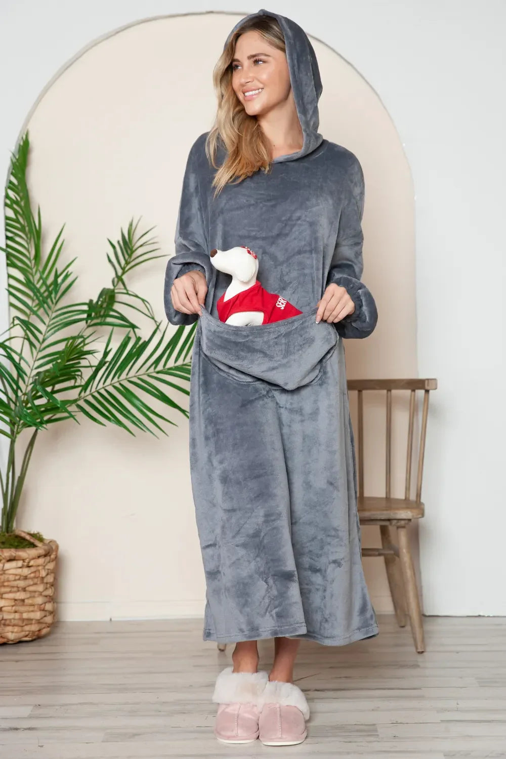 Double Take Full Size Pocketed Hooded Midi Lounge Dress - Trendibles