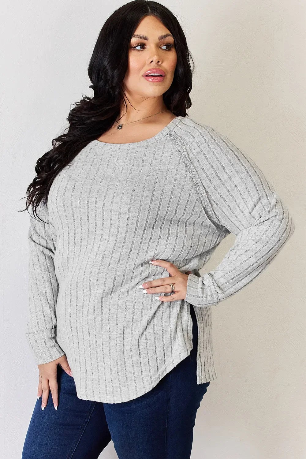 Basic Bae Full Size Ribbed Round Neck Slit T-Shirt - Trendibles