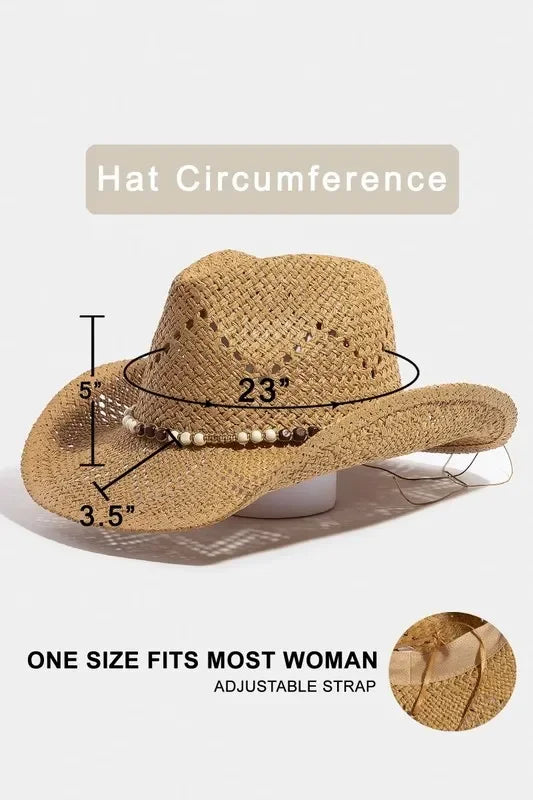 Fame Mixed Beaded Strap Western Fedora Straw Hat - Trendibles