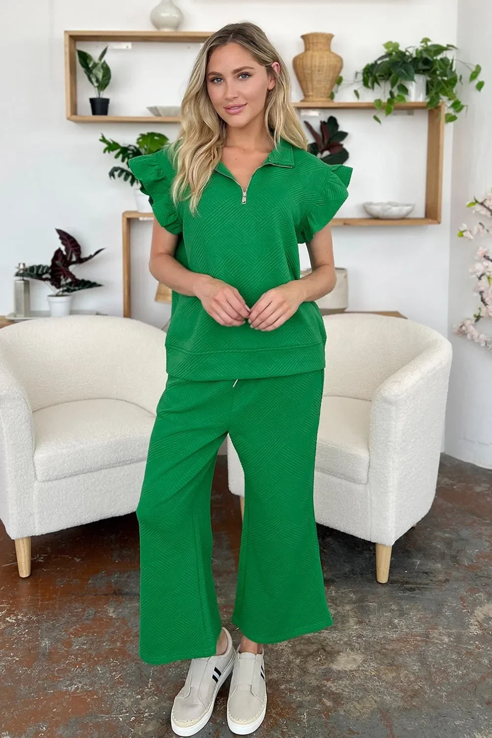Double Take Texture Ruffle Short Sleeve Top and Drawstring Wide Leg Pants Set - Trendibles