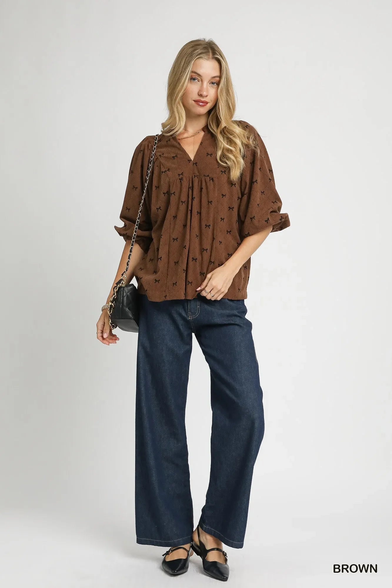 Umgee Corduroy Bow Print Balloon Sleeve Blouse - Trendibles