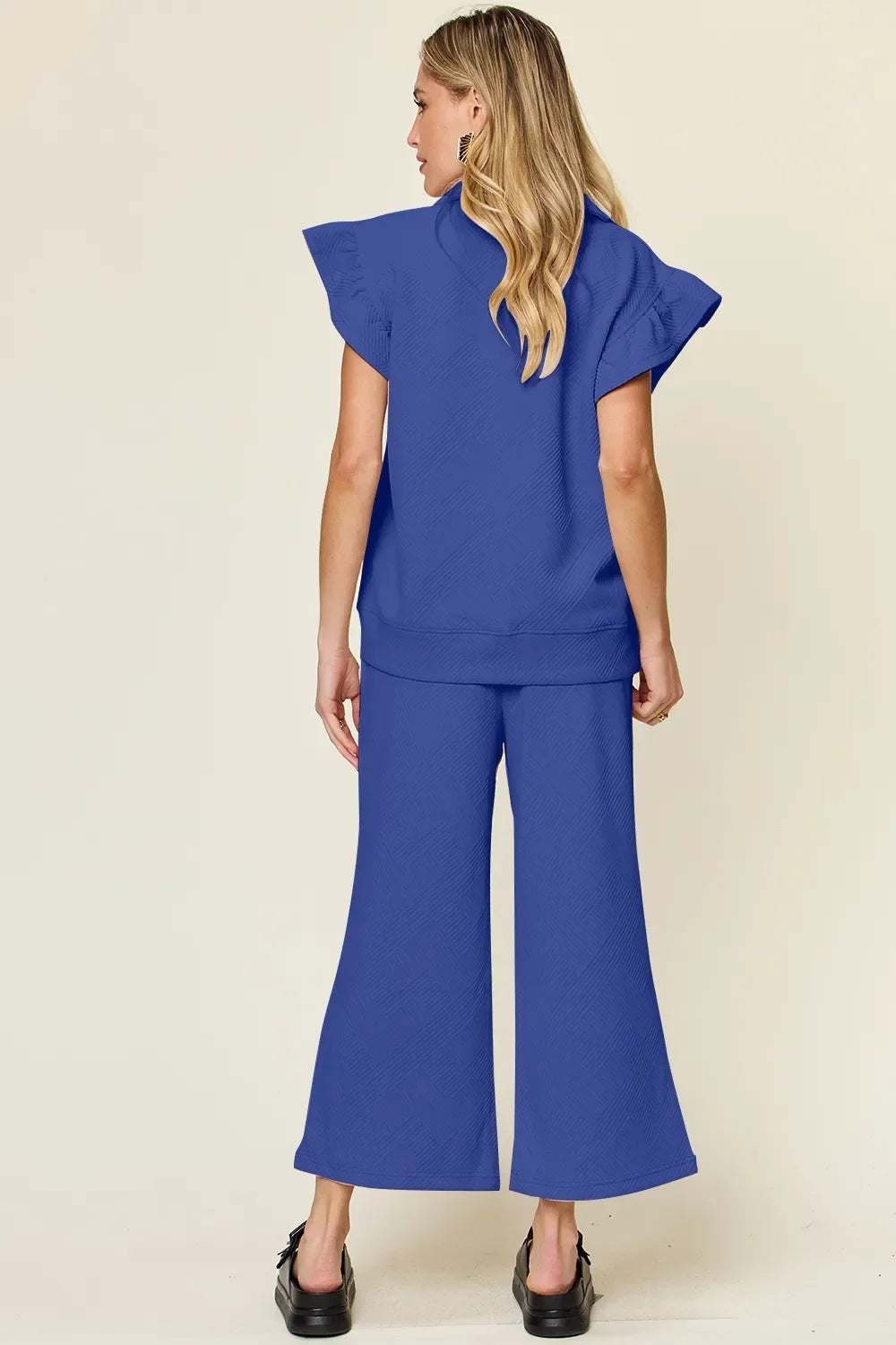 Double Take Texture Ruffle Short Sleeve Top and Drawstring Wide Leg Pants Set - Trendibles