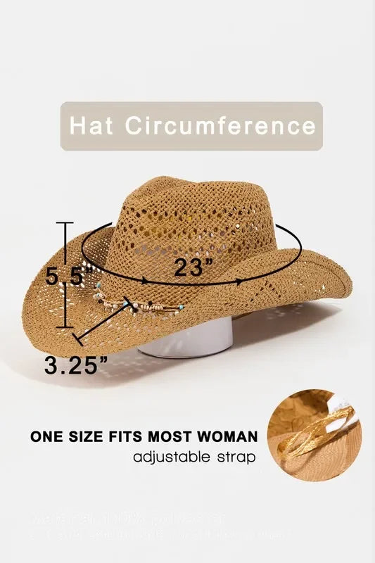Fame Beaded Cowrie Shell Straw Weave Western Cowboy Hat - Trendibles