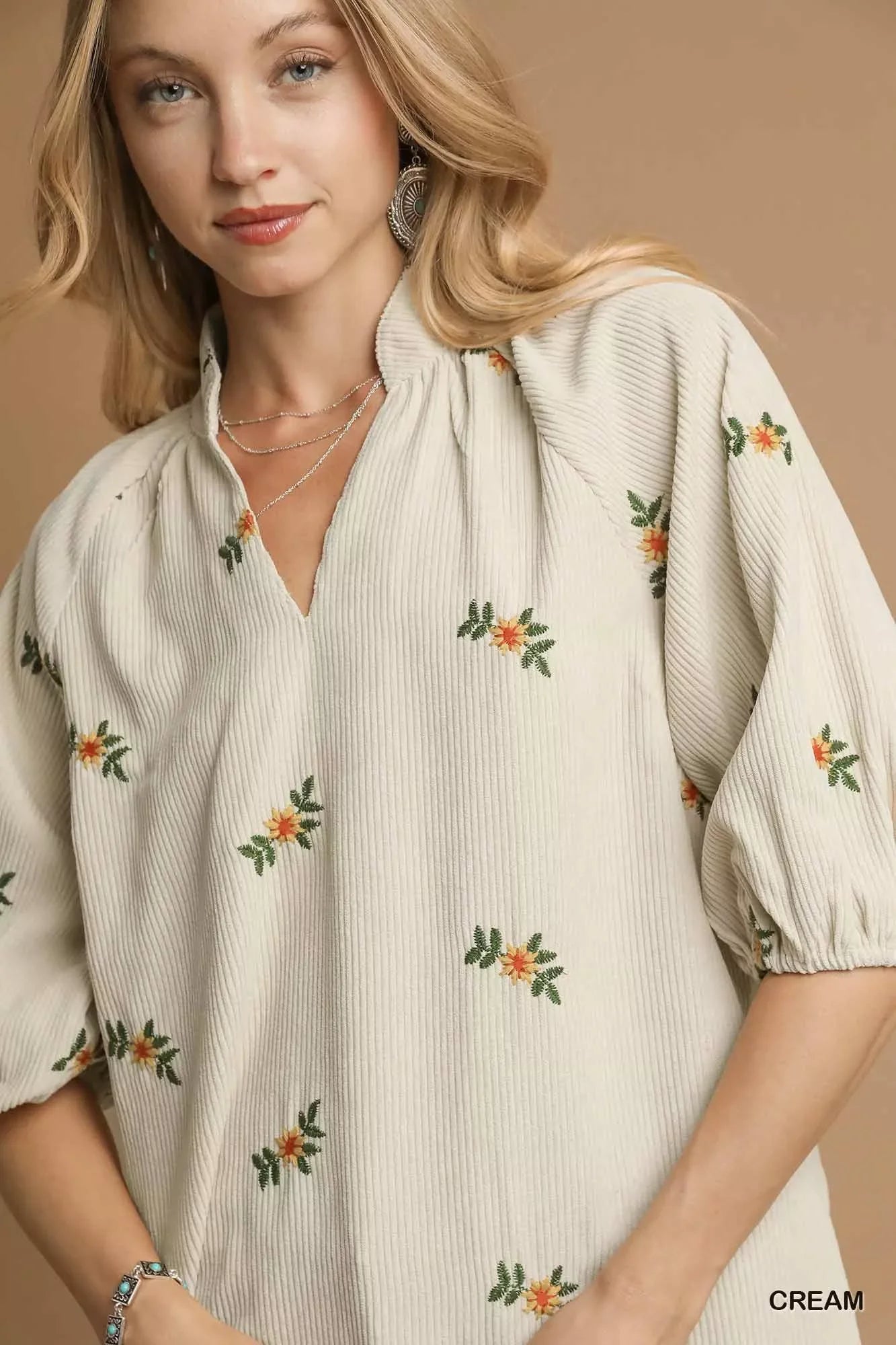 Umgee Corduroy Floral Embroidered Puff Sleeve Blouse - Trendibles
